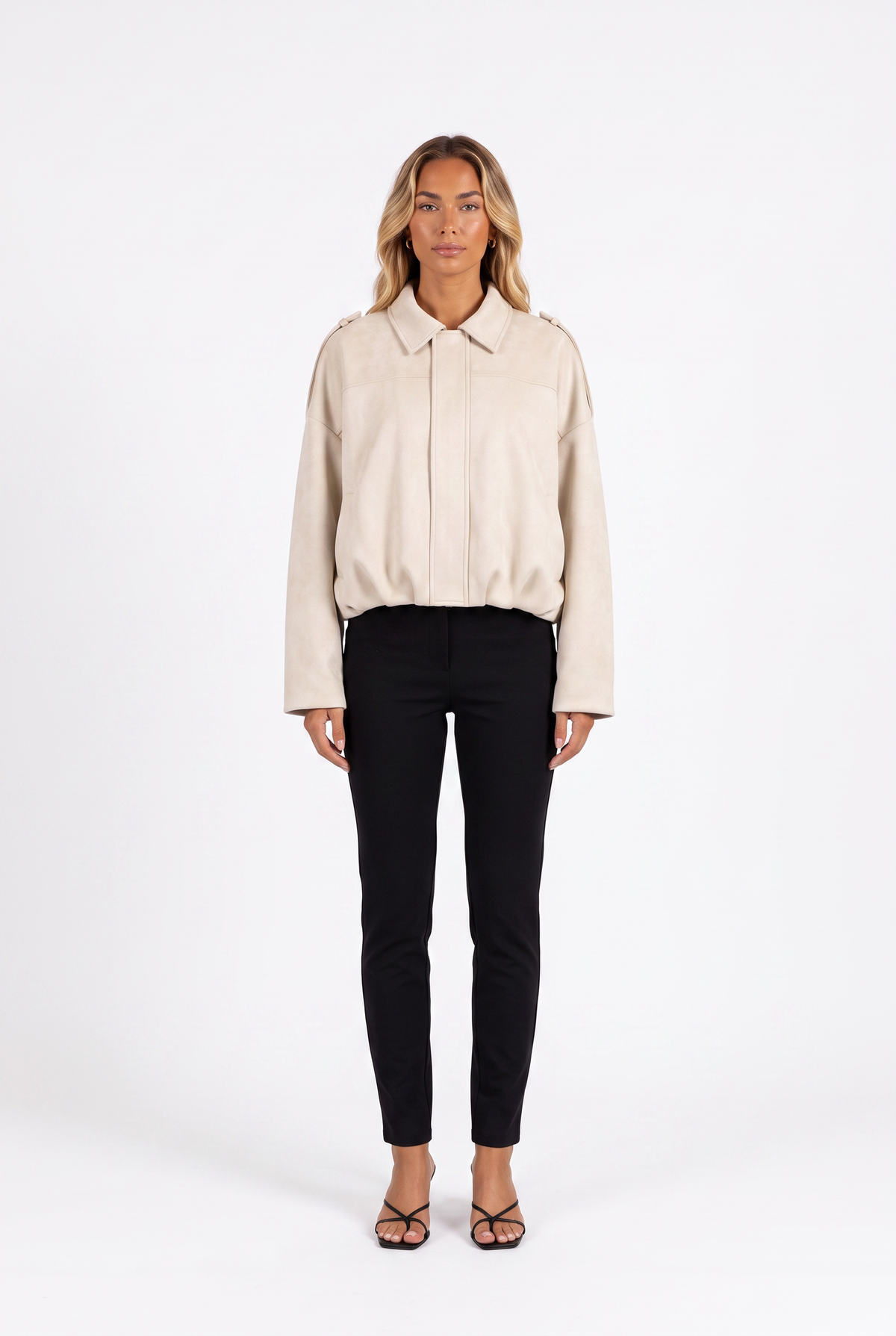 Cream faux-suede cropped bomber with epaulettes — front