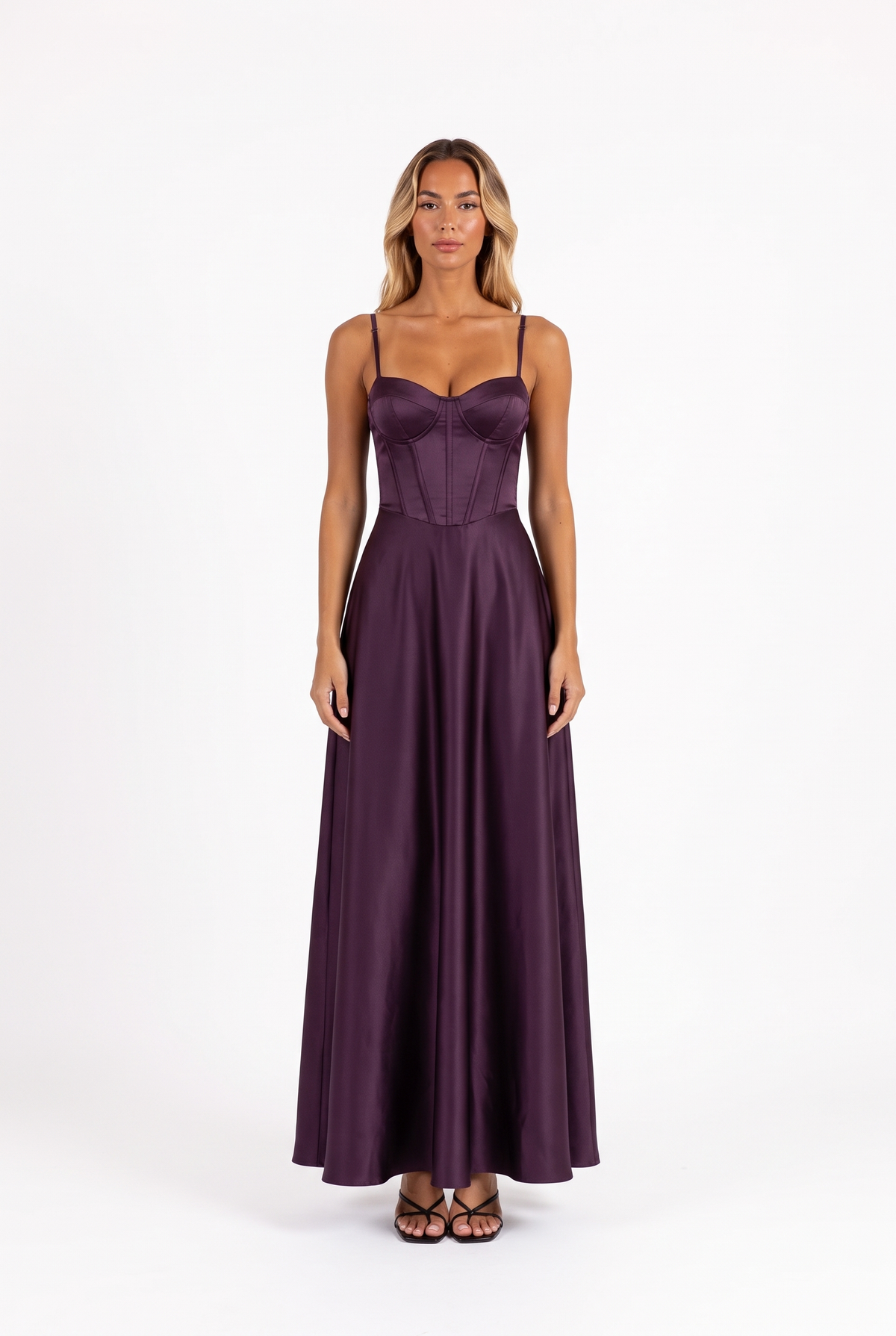 Satin corset lace-up-back maxi dress in Deep Purple — front